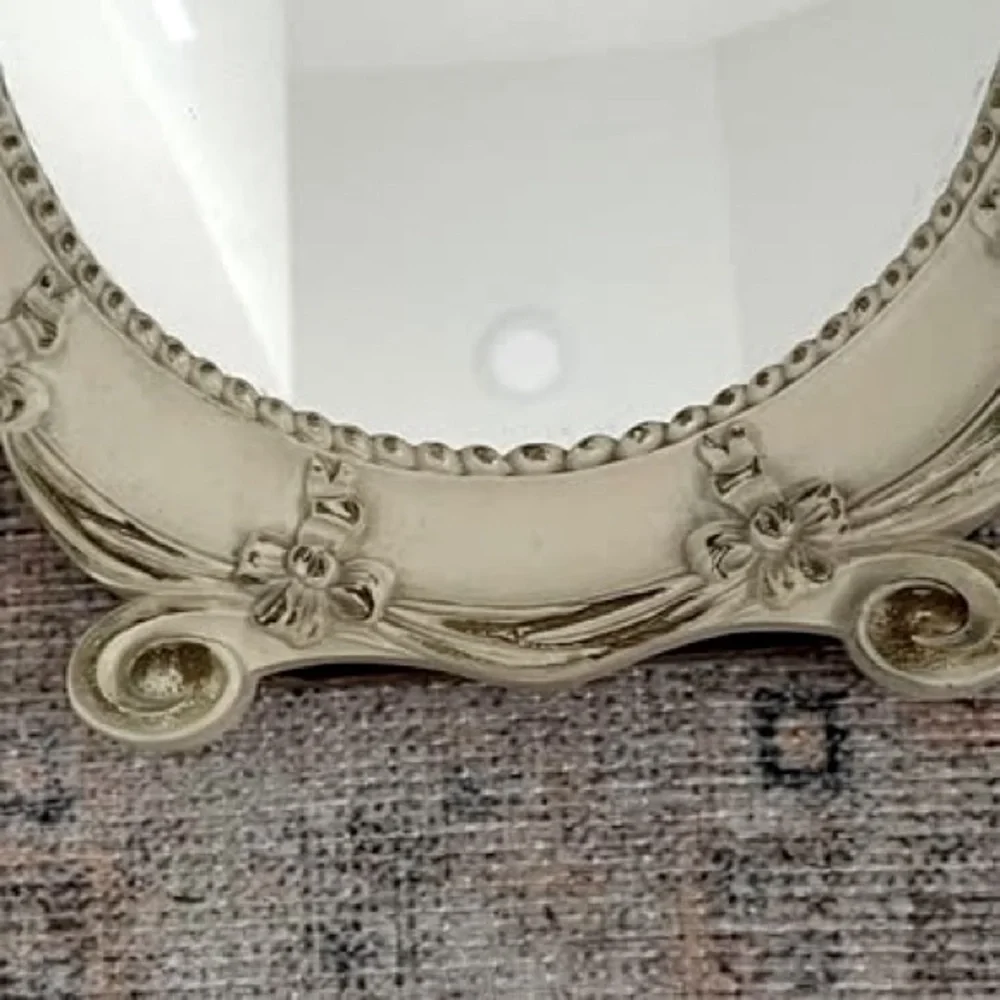 Vintage Syroco Inc Weathered Off White Easel Vanity Oval Mirrored